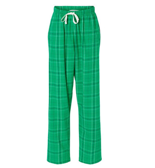 Kelly green plaid flannel pajama pants with white drawstring