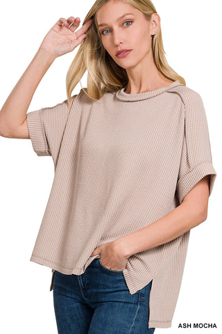 Textured Line Short Cuff Sleeve Raw Edge Top