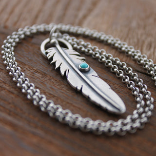 Silver Feather Necklace with Sleeping Beauty Turquoise