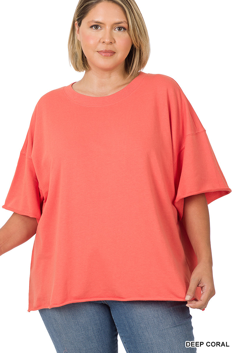 French Terry Drop Shoulder Raw Edge Top - Plus