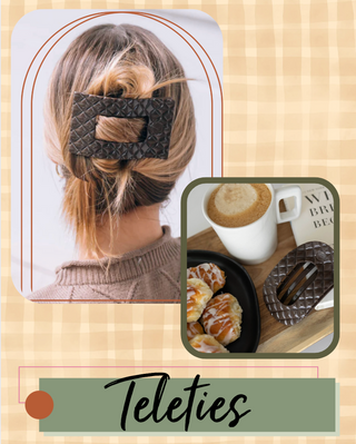 Hair clip with a person's hair, coffee, and pastries on a wooden table, branded 'Teleties'. Kepp your hair healthy and stylish. 