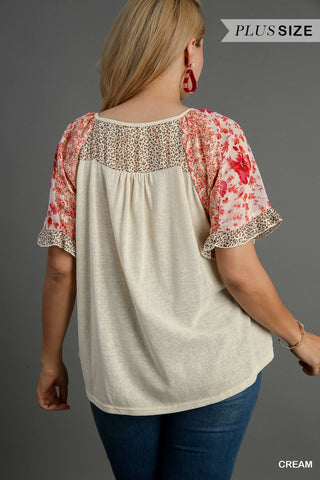 Oatmeal Floral Mixed Print Top