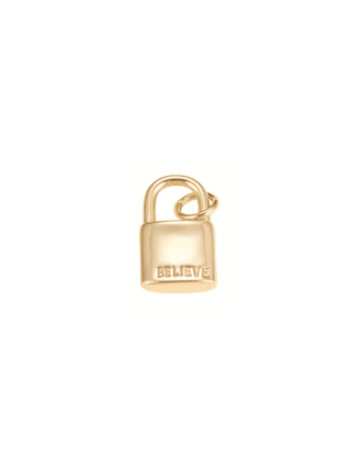 Front of the Gold Inspirational Lock Charm - 'Believe'