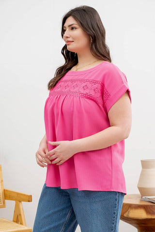 PLUS FLORAL EYELET LACE TOP: PINK