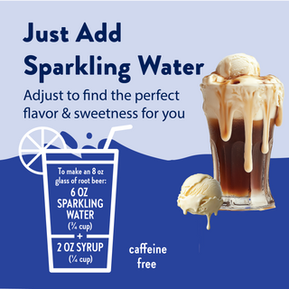 Jordan's Skinny Mixes Sugar Free Root Beer Float Soda Syrup – root beer float with ice cream beside a mixing guide for syrup and sparkling water