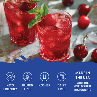 Jordan's Skinny Mixes Shirley Temple soda syrup drink: red cherry soda in a tall glass with mint leaves and ice