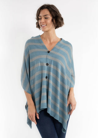 Elietian Line Up Striped Poncho – light blue striped poncho with button-front V-neck and loose batwing sleeves