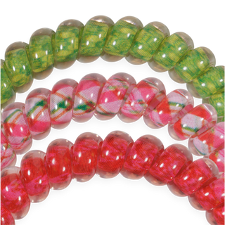 Beaded hair ties, green and red translucent spirals
