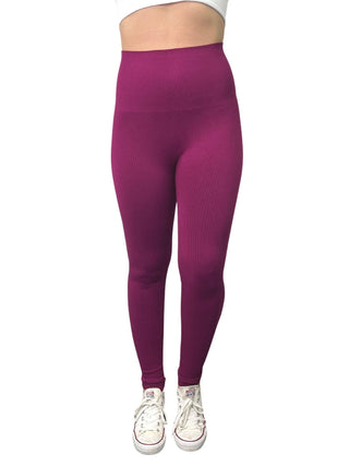 Elietian Ribbed High Waist Leggings in Berry, back view
