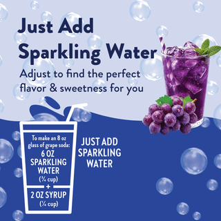 Jordan's Skinny Mixes purple grape soda in a glass with grapes and syrup bottle for mixing
