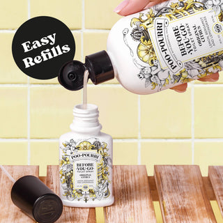 Toilet spray refill bottle and refill container, white bottles with black nozzle caps