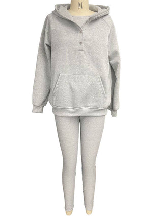 Buttoned Hoodie and Tank and Leggings Set: GREY