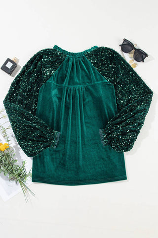 Sequin Velvet Buttoned V-Neck Top