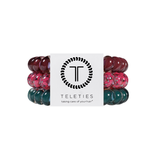 Teleties large spiral hair ties in Harvest Hues teal, berry plaid and burgundy, front view