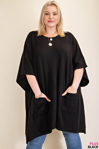 CLASSIC OVERSIZED ROUND NECK PONCHO SWEATER : BLACK / 1XL/2XL