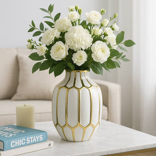 Sagebrook Home - Decorative Vase - White/Gold Ceramic Bud Abstract Modern,8in