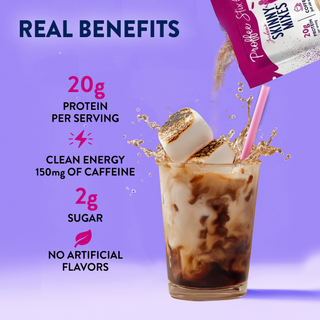 Jordan's Skinny Mixes Proffee Stix toasted marshmallow protein coffee drink mix with glass of iced coffee