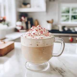 Jordan's Skinny Mixes glass mug of creamy white chocolate peppermint syrup drink with whipped topping