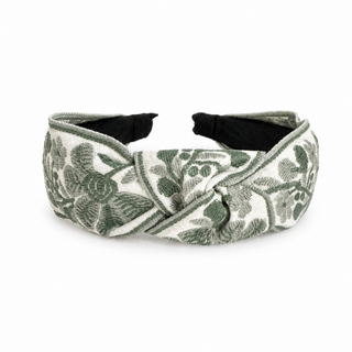 Sage floral woven headband with knot twist and embroidered leaf pattern, black lining