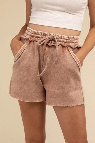 Acid Wash Fleece Drawstring Shorts with Pockets - Just Believe Boutique