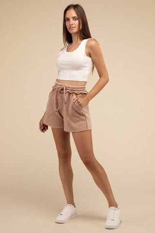 Acid Wash Fleece Drawstring Shorts with Pockets - Just Believe Boutique