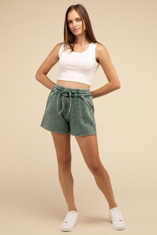 Acid Wash Fleece Drawstring Shorts with Pockets - Just Believe Boutique