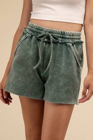 Acid Wash Fleece Drawstring Shorts with Pockets - Just Believe Boutique