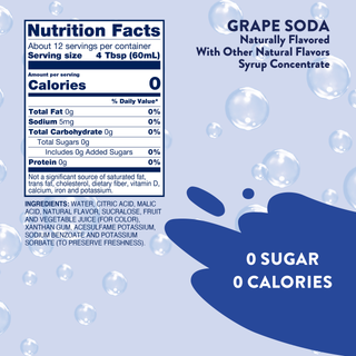 Jordan's Skinny Mixes nutrition label panel for grape soda syrup with bottle and glass of purple drink