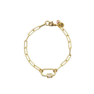 The Charm Bar Company - Gold Ashley (Box) Paperclip Chain Charm Bracelet with Clear Cubic Zirconia Small Gabi Carabiner