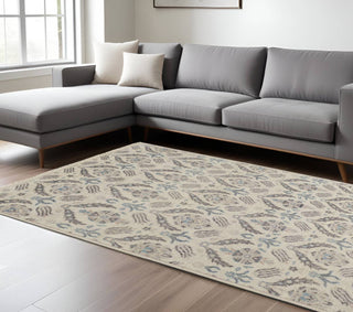 HomeRoots - 9' X 12' Ivory Gray And Blue Wool Floral Hand Knotted Rug