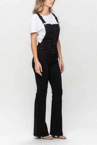 Judy Blue black denim retro flare overalls with adjustable straps and button-front bib
