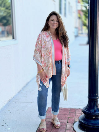 Blush Floral Border Printed Kimono Cardigan Cover Up – model photo