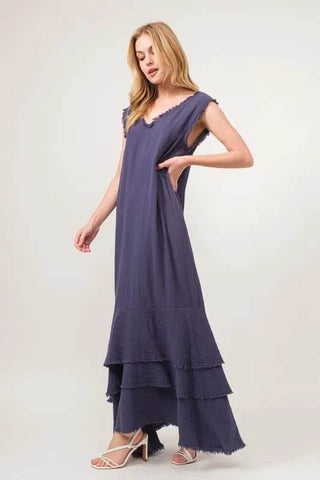 And The Why Washed Cotton Gauze Fringe Detail Tiered Dress - Just Believe Boutique