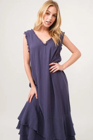 And The Why Washed Cotton Gauze Fringe Detail Tiered Dress - Just Believe Boutique