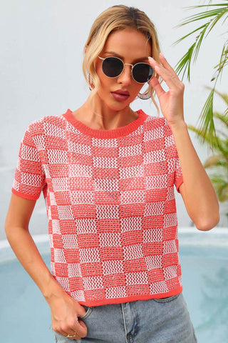 Angel Wings Checkered Short Sleeve Knit Top - Just Believe Boutique