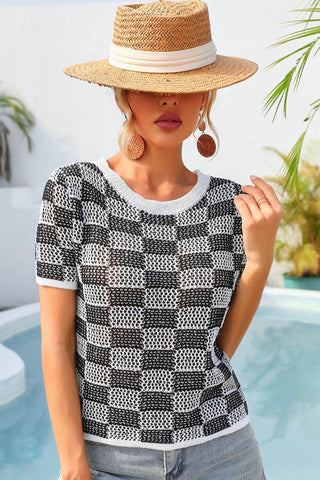 Angel Wings Checkered Short Sleeve Knit Top - Just Believe Boutique
