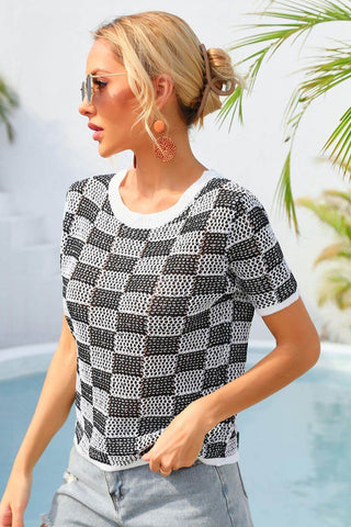 Angel Wings Checkered Short Sleeve Knit Top - Just Believe Boutique