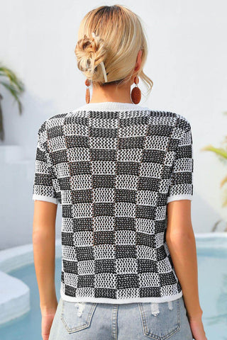 Angel Wings Checkered Short Sleeve Knit Top - Just Believe Boutique