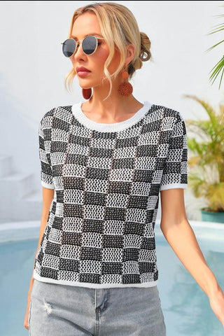 Angel Wings Checkered Short Sleeve Knit Top - Just Believe Boutique