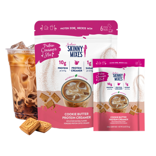 Jordan's Skinny Mixes cookie butter protein creamer stick packs with coffee cup and biscuit pieces