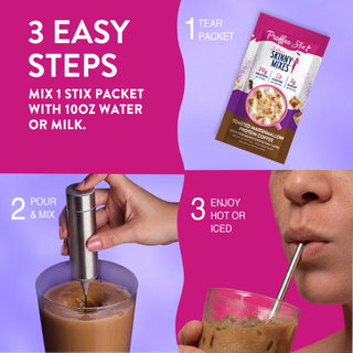 Jordan's Skinny Mixes Proffee Stix toasted marshmallow protein coffee drink mix stick shown for mixing