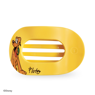 Yellow Pluto flat round hair clip with Pluto graphic and silver bar.