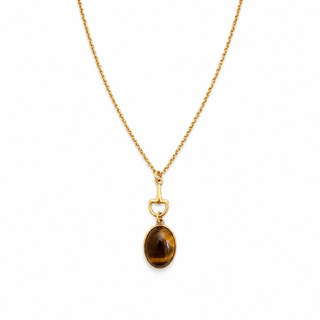 Gold chain necklace with oval tiger-eye bit pendant