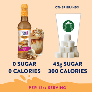 Jordan's Skinny Mixes Sugar Free Apple Crisp Syrup – apple crisp syrup bottle and drink compared with sugar cubes; graphic states zero sugar and calories