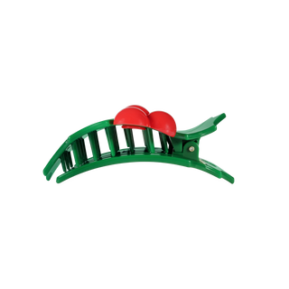 TELETIES green holly leaf hair clip with red top berries, arched comb style