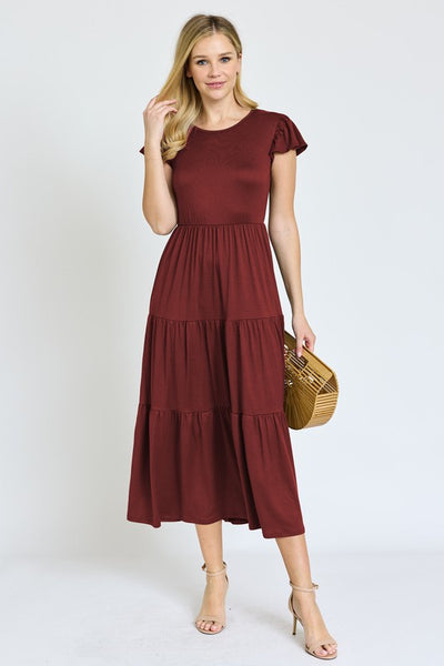 Plus Size Solid Flutter Sleeve Tiered Tea Length Dress