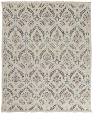 HomeRoots - 9' X 12' Ivory Gray And Blue Wool Floral Hand Knotted Rug