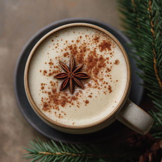 Jordan's Skinny Mixes Sugar Free Eggnog Syrup – eggnog drink topped with cinnamon and star anise in a handled cup