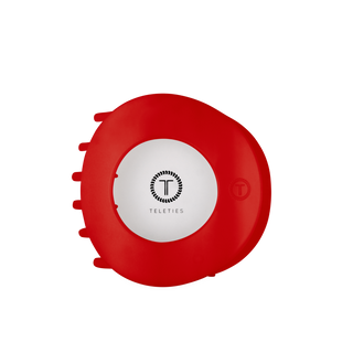 Large red flat circle hair clip, rear logo disk visible