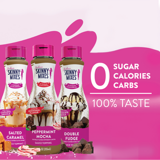 Jordan's Skinny Mixes sugar-free holiday drizzle sauce trio bottles with pink promotional design